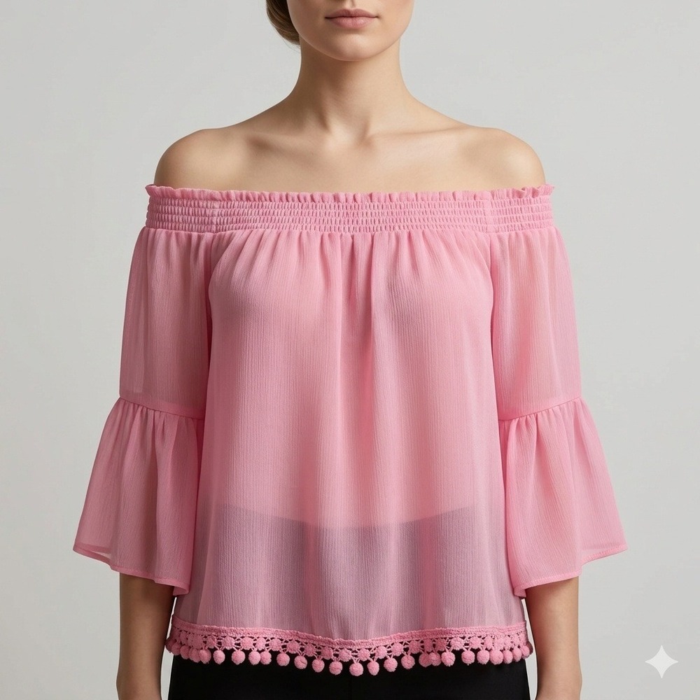 Sacred Threads Pink Off Shoulder Pom Pom‎ Bell Sleeve Blouse Top OS 222114 NWT